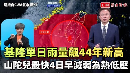 基隆單日雨量飆44年新高！山陀兒最快明早減弱為熱低壓（翻攝自CWA氣象署YT）