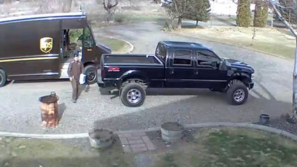 Delivery driver flees to safety as customer's dog gives him a not-so-warm welcome