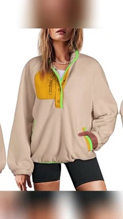 Dokotoo Sweatshirt for Women Oversized Fuzzy Fleece Jacket Color Block Button Long Sleeve Pullover Sherpa Sweatshirts Tops