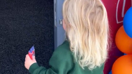 Little girl joyfully enters toy shop but gets terrified of the range mascot