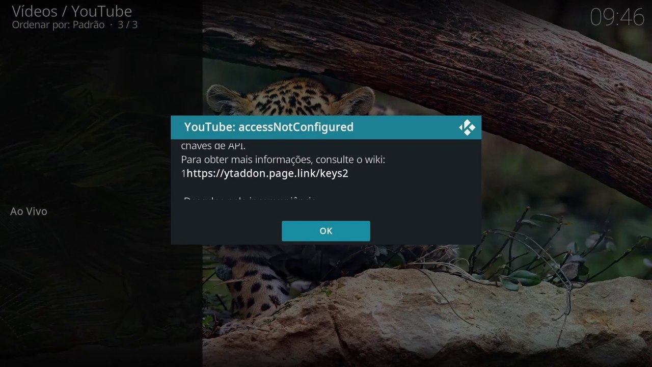 Erro add-on youtube Kodi de erro de Api