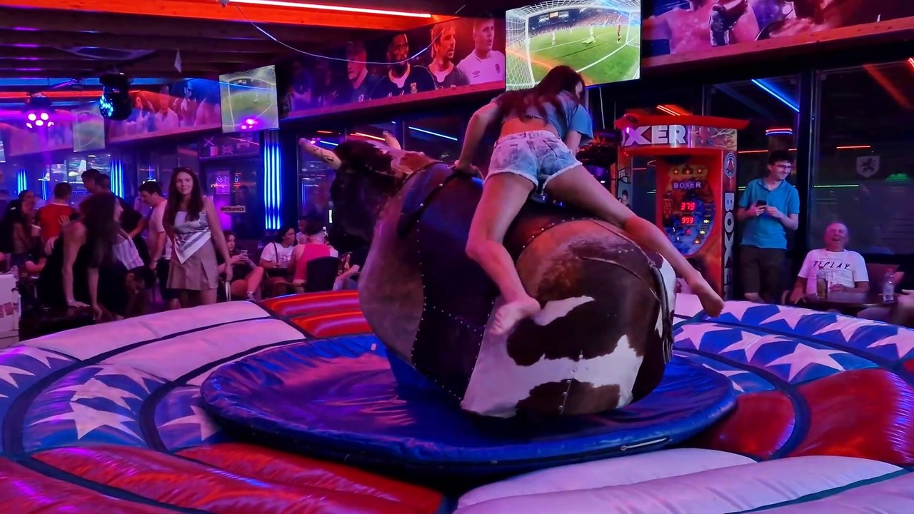 Epic Ride! Pretty Girl vs Mechanical Bull in Benidorm Spain 2024