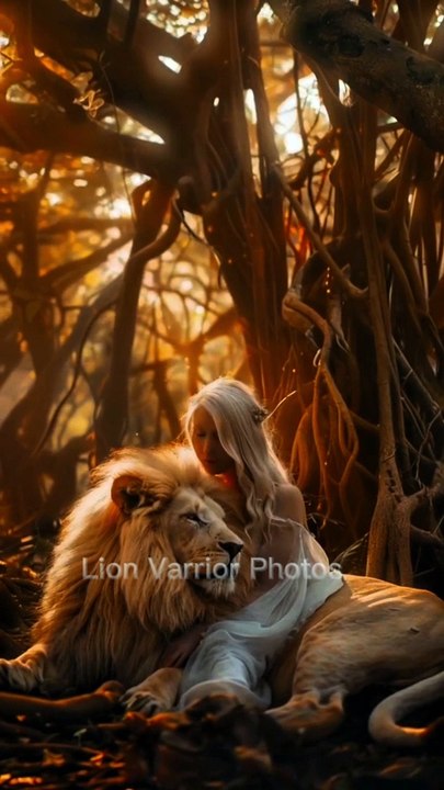 Lion and girl enjoy life