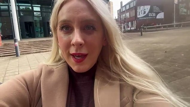 Digital reporter Emma Downey outside Preston Crown Court reporting on the stabbing of a British Transport Police officer