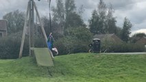 Little boy enjoys zip line ride until he has trouble with his prosthetic leg