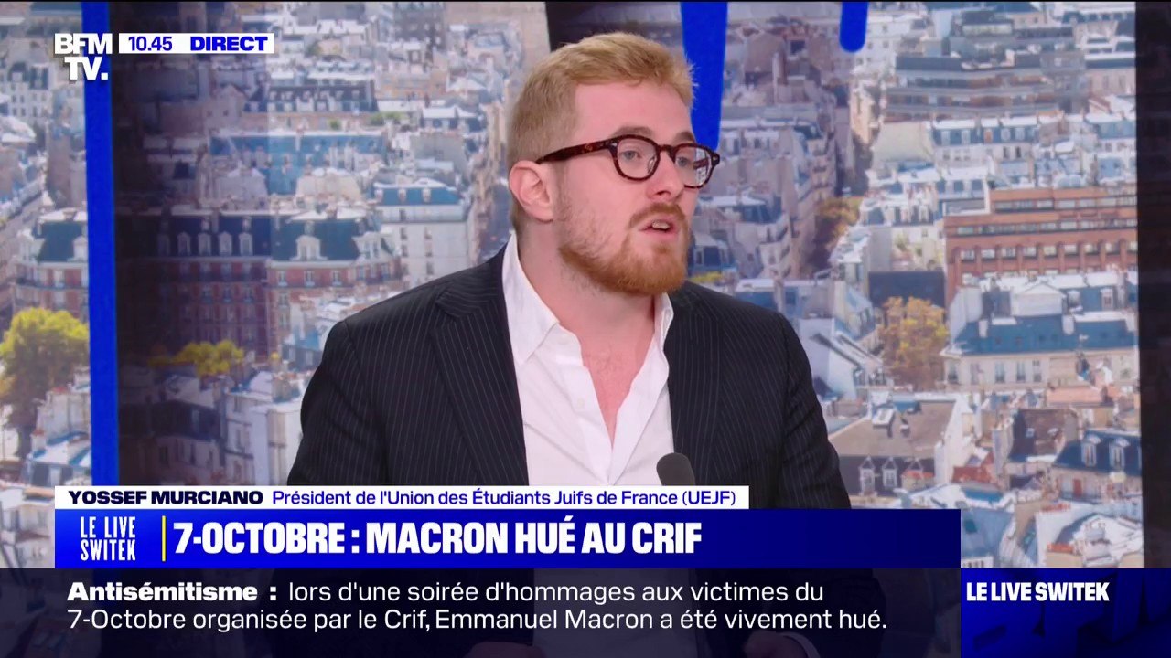 Emmanuel Macron hué au rassemblement du Crif: "Si demain Israël n'a pas d'armes pour se défendre, Israël n'existe plus", assure Yossef Murciano (président de l'Union des Étudaints Juifs de France)