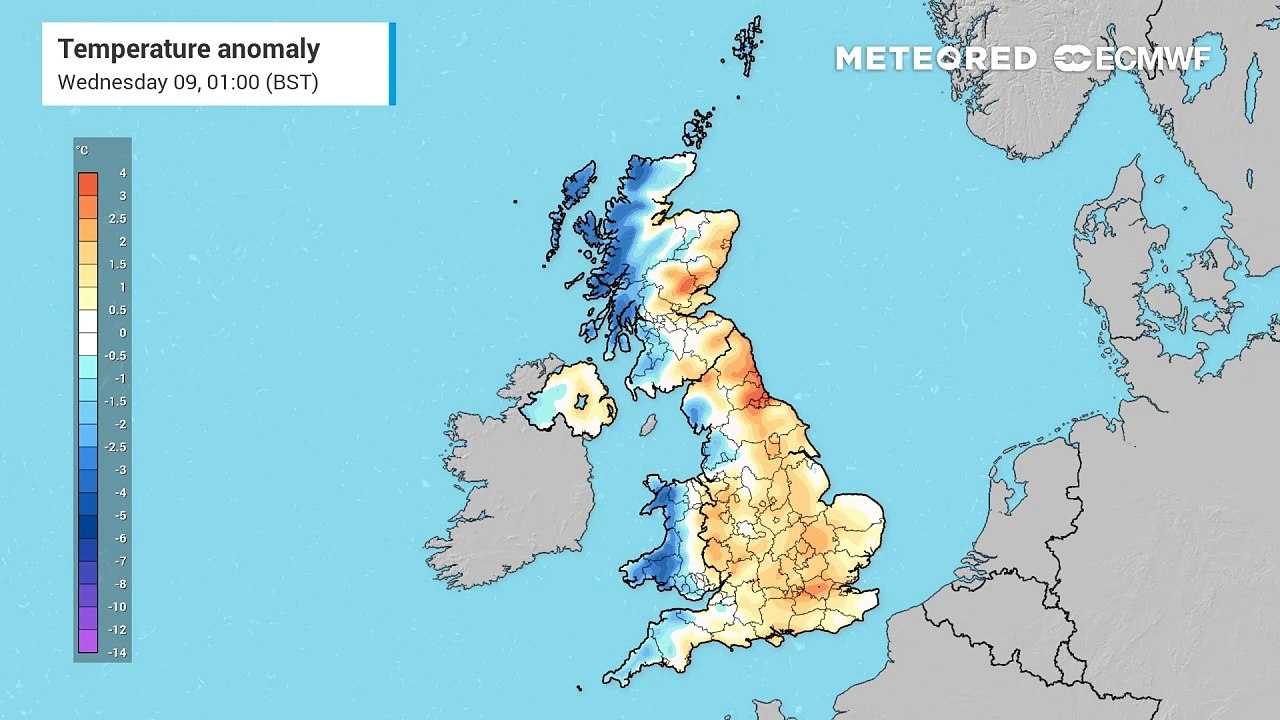 UK temperature anomalies for the next 24 hours