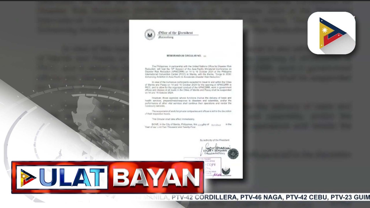 Trabaho at klase, suspendido sa Maynila at Pasay sa Oct 14-15 para sa pagbubukas ng 10th session ng Asia Pacific Ministerial Conference on Disaster Reduction