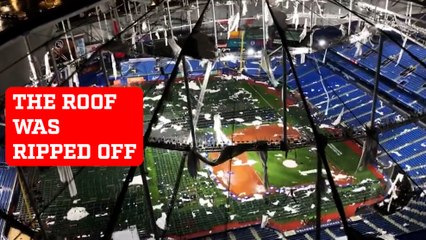 Insane video of what it looks like inside Tropicana Field after the roof was ripped off by Hurricane Milton