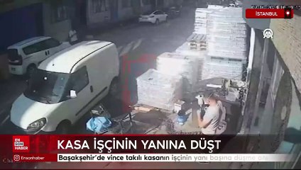 İstanbul Başakşehir'de vince takılı kasanın işçinin yanı başına düşme anı