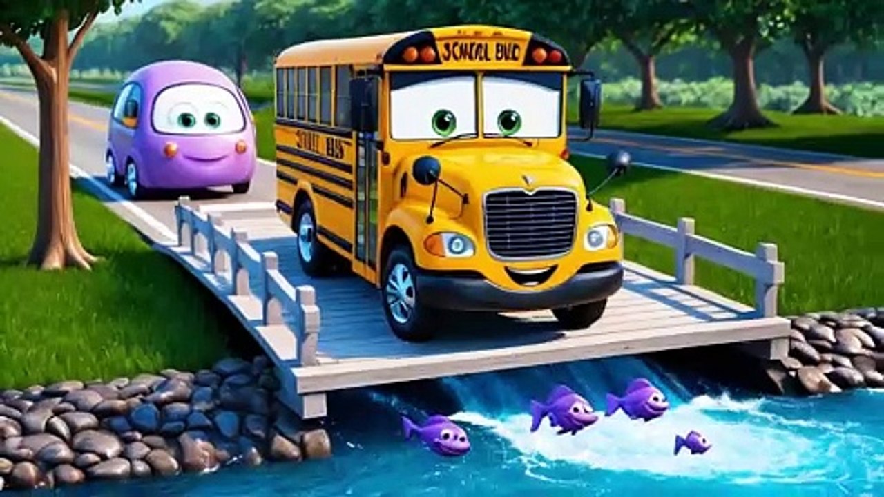 Happy School Bus and Splashing River Journey