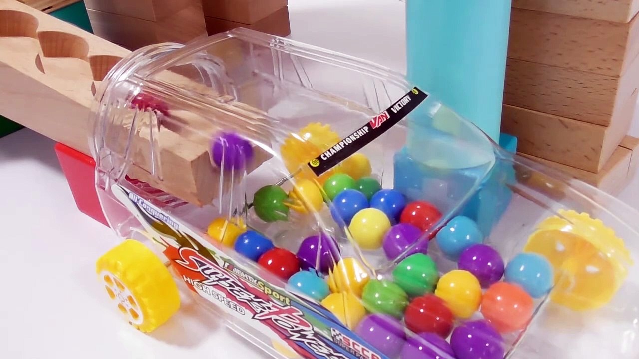 Wooden marble run race! Transparent car x cuboro x wooden staircase course