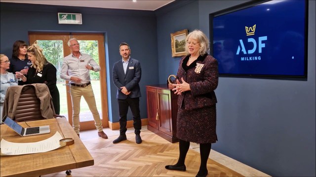 ADF Milking founder explains its innovative milking technology during presentation of the King's Award for Enterprise 2024