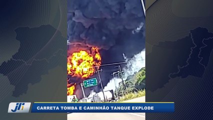 Carreta tomba e caminhão tanque explode