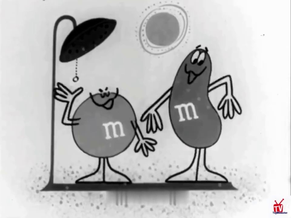 1960s M&Ms TV commercial - Bob & Ray comedy team & an ad for M&M fruit chewy