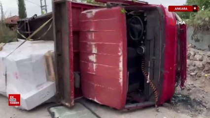 Ankara'da freni boşalan kamyon duvara vurarak durabildi