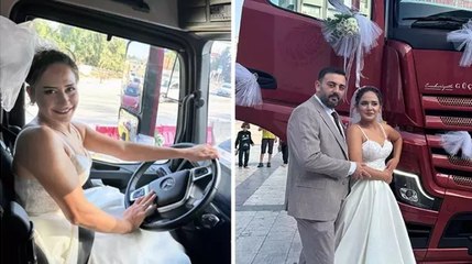 Dünyaevine giren TIR şoförü çift, gelin arabası yaptığı TIR ile kent turu attı
