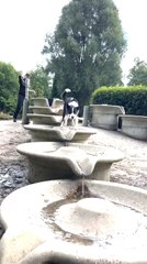 Dog Hops on Fountains and Rocks