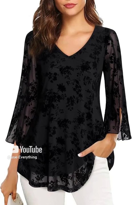 Bebonnie Womens  Neck Double Layers Mesh Blouses Loose Fit Flowy Tunic Tops #style