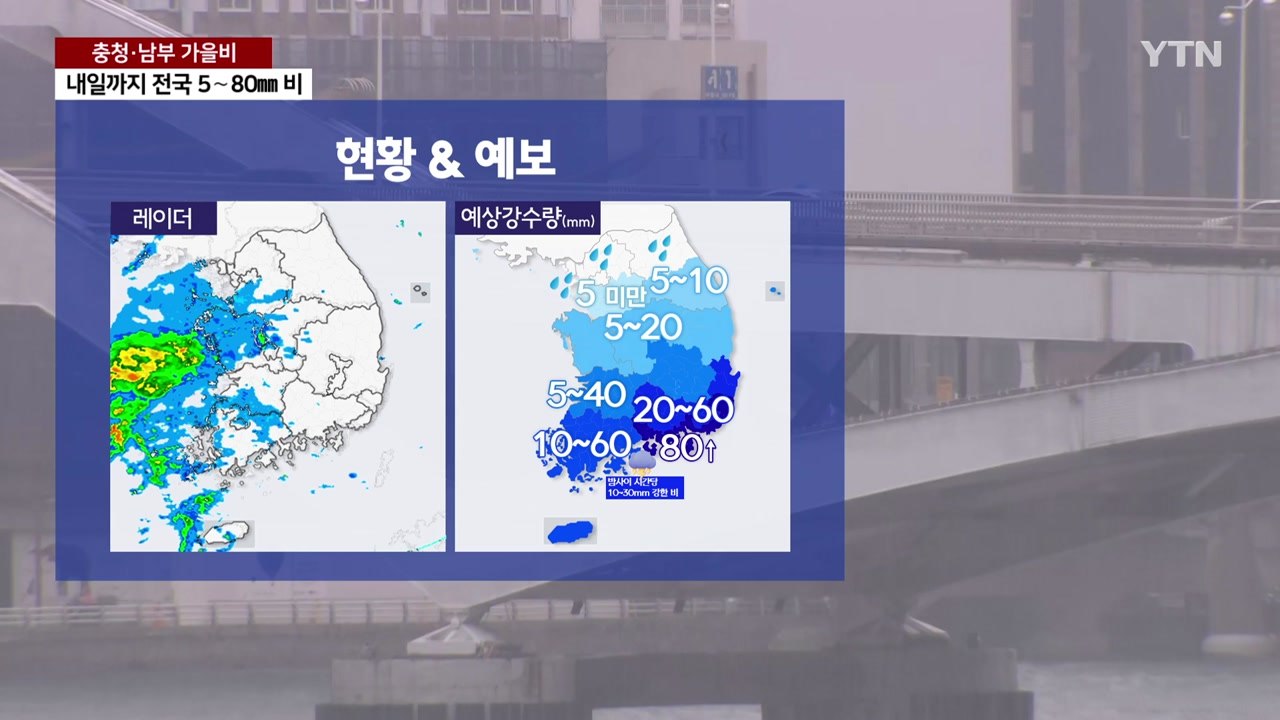 [출근길 YTN 날씨 10/14] 흐리고 충청 이남 중심 가을비...밤사이 남해안 호...