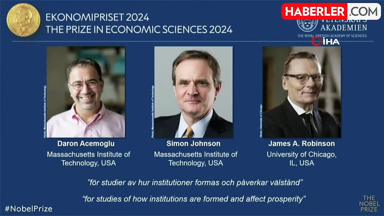 İsveç Kraliyet Bilimler Akademisi, Nobel Ekonomi Ödülü'nü "kurumların nasıl oluştuğu ve refahı nasıl etkilediği konusundaki çalışmaları nedeniyle"...
