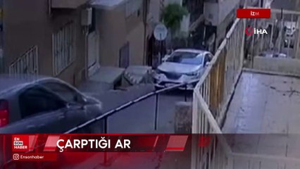 İzmir'de alkollü sürücünün otomobili ile çarptığı araç merdivene düştü