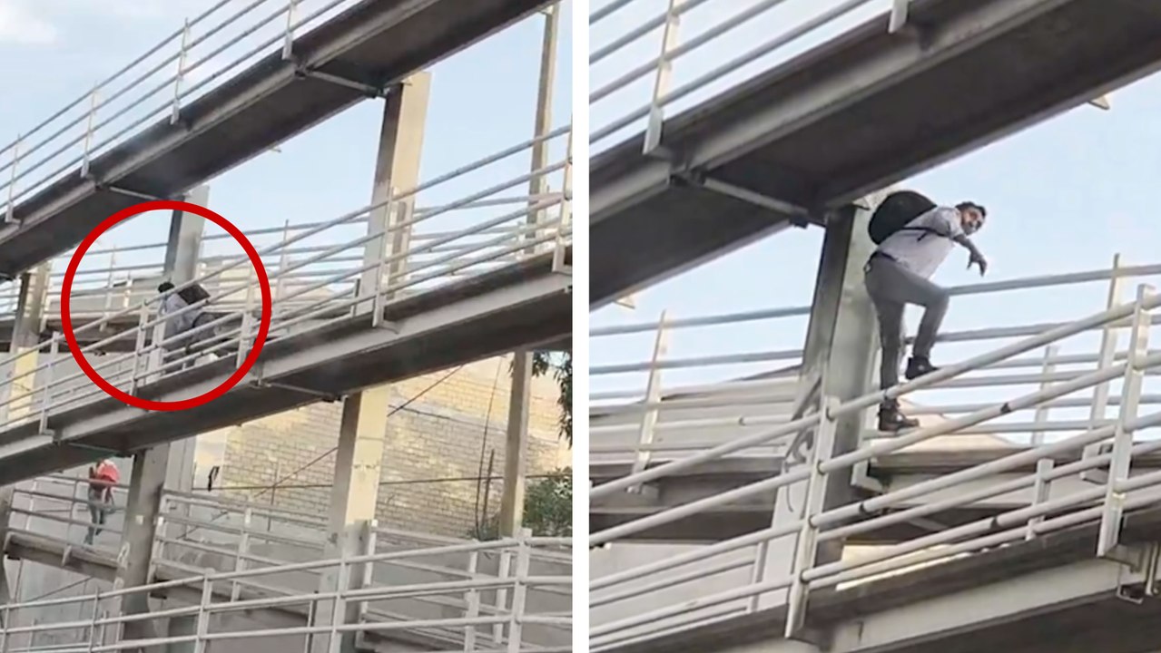 México: Un hombre trepa puente peatonal a lo 'Spiderman' para cruzar la carretera