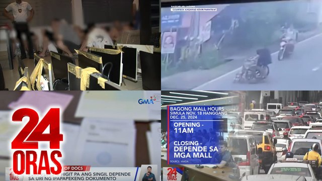 24 Oras: (Part 1) Tsino, nasagip matapos ikulong at i-torture ng mga kapwa-Tsino; Ginang na naka-wheelchair at kanyang anak, nabundol ng motorsiklo habang tumatawid; Adjusted mall hours sa papalapit na Pasko, atbp.