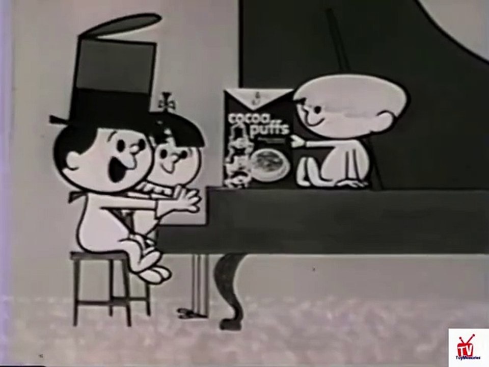 1950s animated Cocoa puffs TV commercial - kids playing a piano & singing Cocoa Puffs song