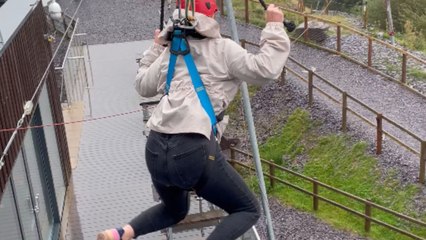 Girl's comical ziplining journey features spinning thrills and wild twists
