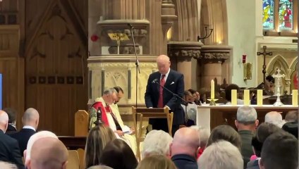Lieutenant Governor Sir John Lorimer speaks during Princess Anne's visit to Peel Cathedral