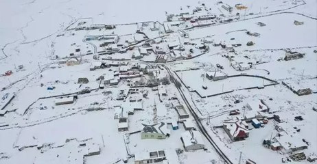Kars’ta kar yağışıyla beyaza bürünen köyler havadan görüntülendi