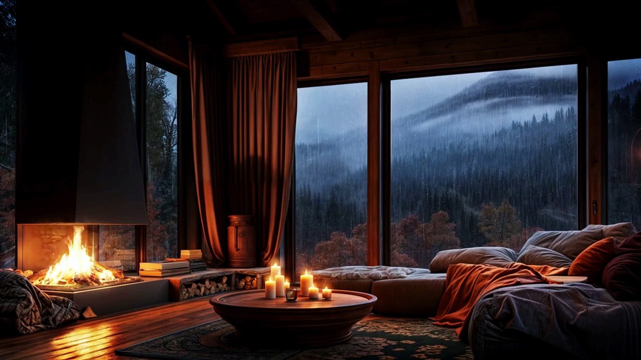 Cozy Rain Ambience in Cozy Wooden House in the forest with Rain falling on window and Crackling Fire