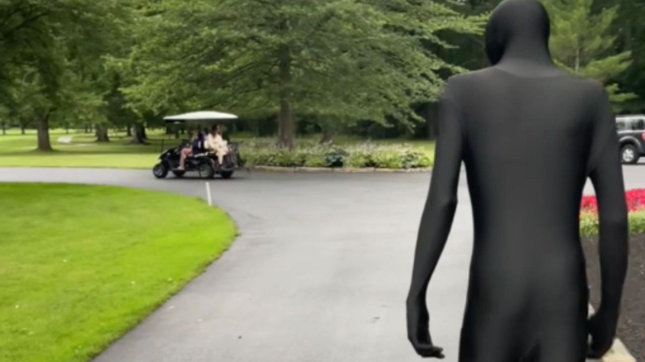 Girl in golf cart cannot control herself after slender man begins a