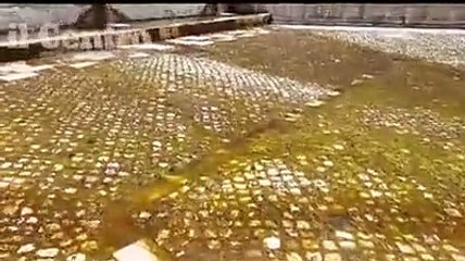 La fontana delle 99 Cannelle intasata, il piazzale del selciato con alghe, muschi e licheni