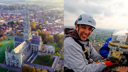 Lightbulb being changed - 400FT in the air on top of UK's tallest cathedral spire