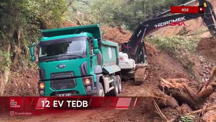 Rize'de heyelan sonrası toprağın önünü tıkadığı derede temizlik çalışması