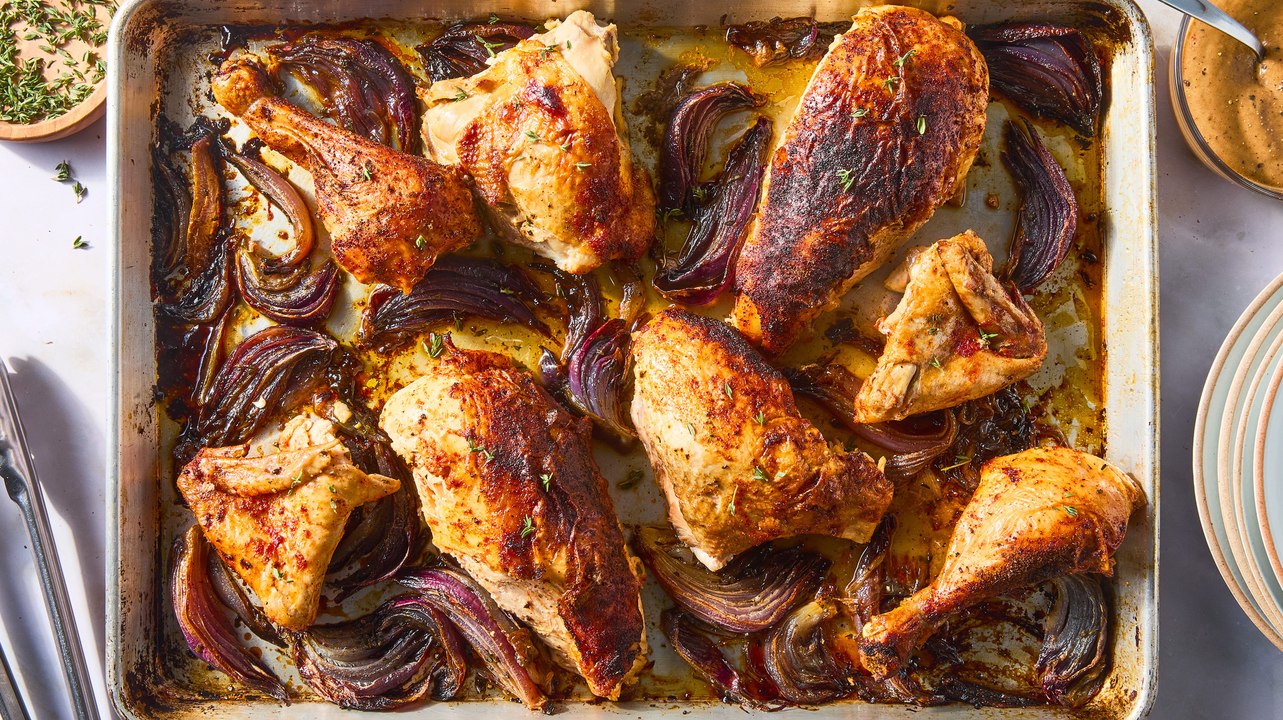 The Sauce On This Sheet-Pan Roasted Red Onion Chicken Is Worth Obsessing Over