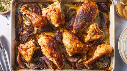 The Sauce On This Sheet-Pan Roasted Red Onion Chicken Is Worth Obsessing Over