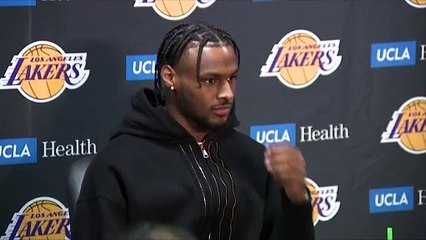 Bronny James addresses the media after his debut for Los Angeles Lakers