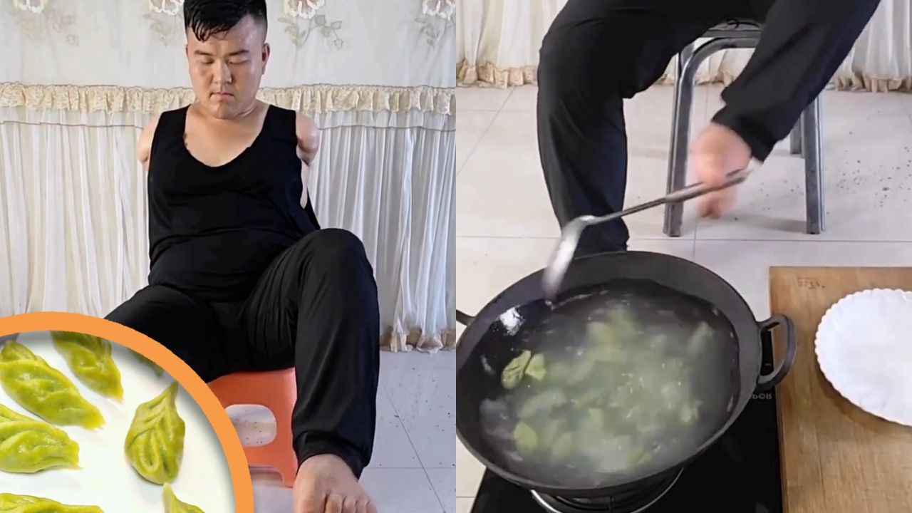 Man with no arms makes dumplings with feet 