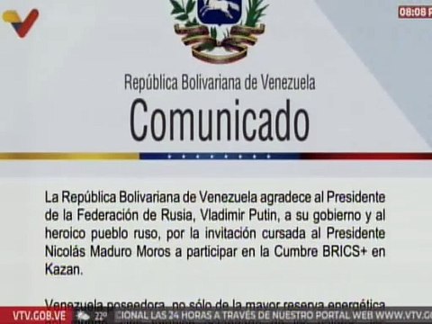 Venezuela agradece al Gobierno Ruso por la invitación del Pdte. Maduro a la Cumbre de los BRICS+