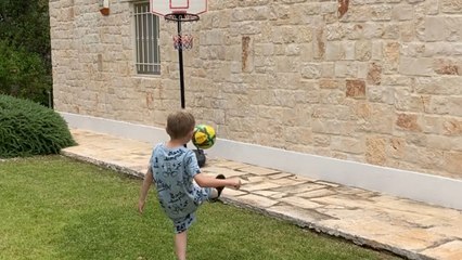 Dad becomes son's biggest hypeman as he attempts a fun-packed basketball shot