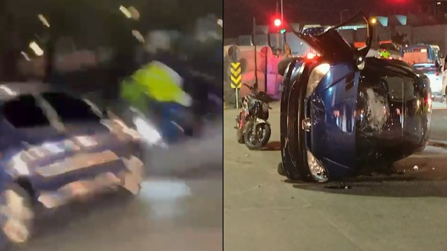 Conductor arrolló varias motos en Bogotá, incluidos policías: le volcaron el carro