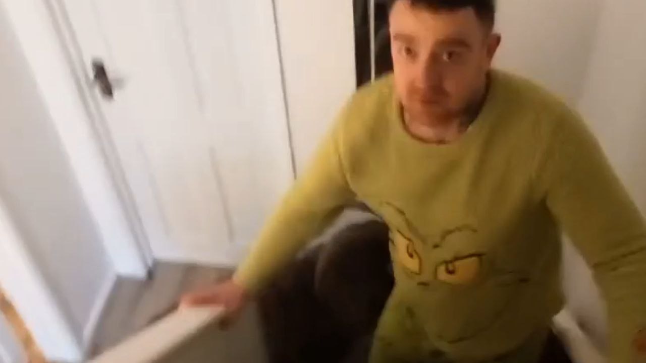 Boy takes on a home-invading goat in a staircase showdown