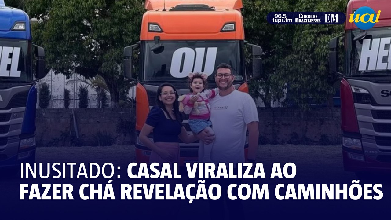 Casal viraliza ao fazer chá-revelação com caminhões