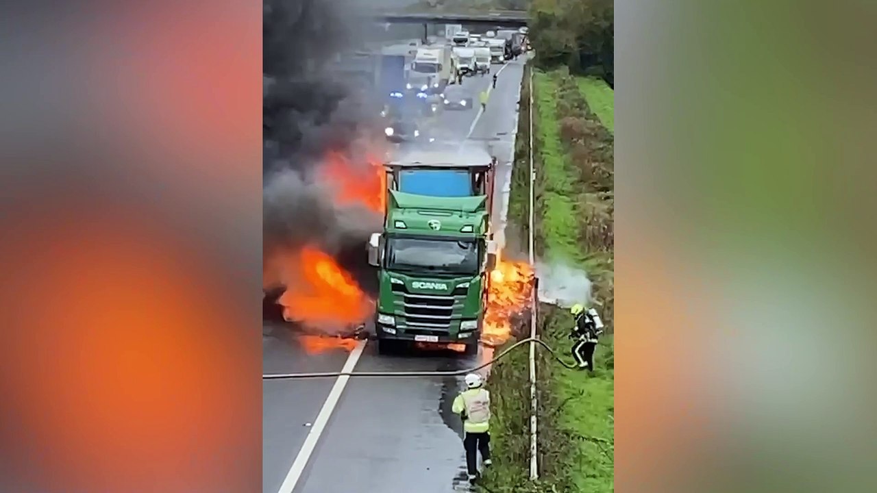 These were the scenes as a lorry caught fire on the M5 motorway near Bristol