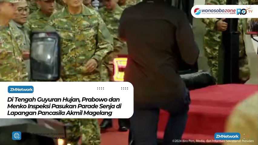 Di Tengah Guyuran Hujan Prabowo dan Menko Inspeksi Pasukan Parade Senja di Lapangan Pancasila Akmil Magelang