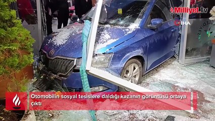 Otomobilin sosyal tesislere daldığı kazanın görüntüsü ortaya çıktı