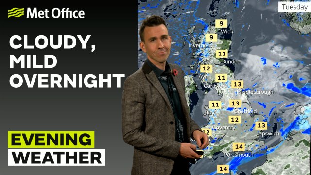 Met Office Monday evening weather forecast 28/10/2024 - A mild and cloudy evening with some rain